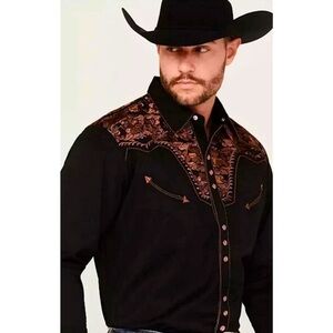 SCULLY Western Wear Black Copper Embroidered Pearl Snap Shirt - XL - Like New